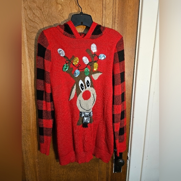 Ugly Christmas Sweater Reindeer Long Pointy Checkered Hood L (11-13) - Picture 1 of 4
